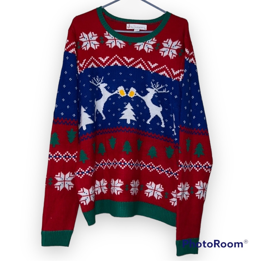 Jolly Sweaters mens size XL (46/48) ugly Christmas party beer deer trees NWT